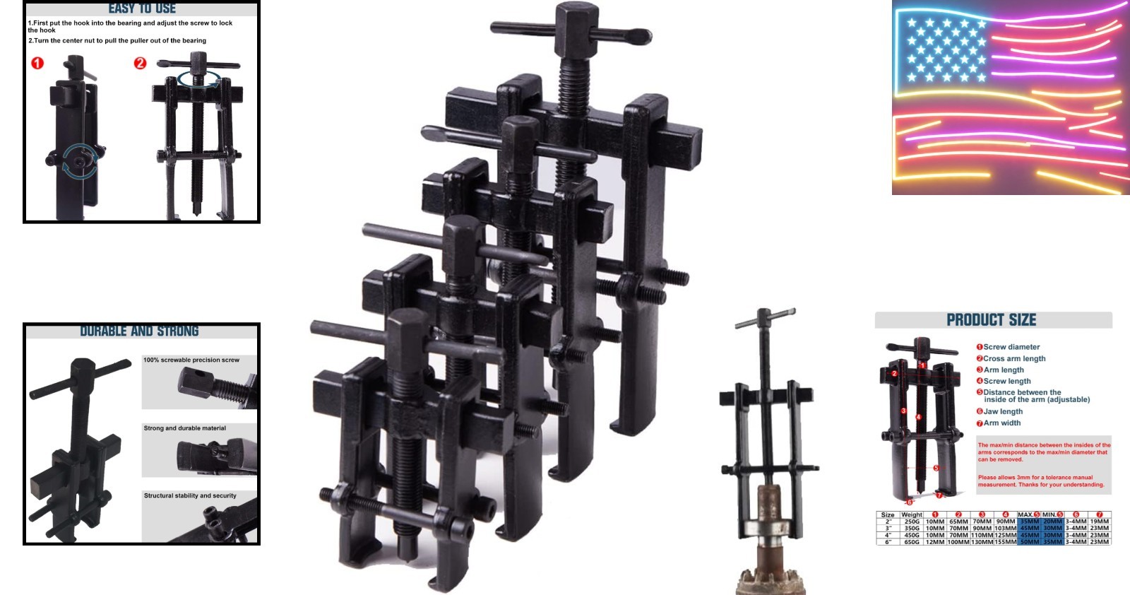 4 Bearing Puller 2in, 3in, 4in, 6in with 2 Jaws