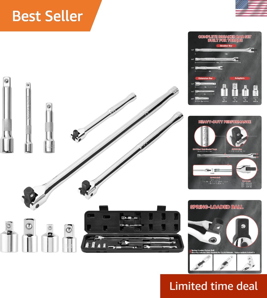 Breaker Bar Set 10 Pieces 3/8 In 1/2 In 1/4 In Drive Rotatable Head