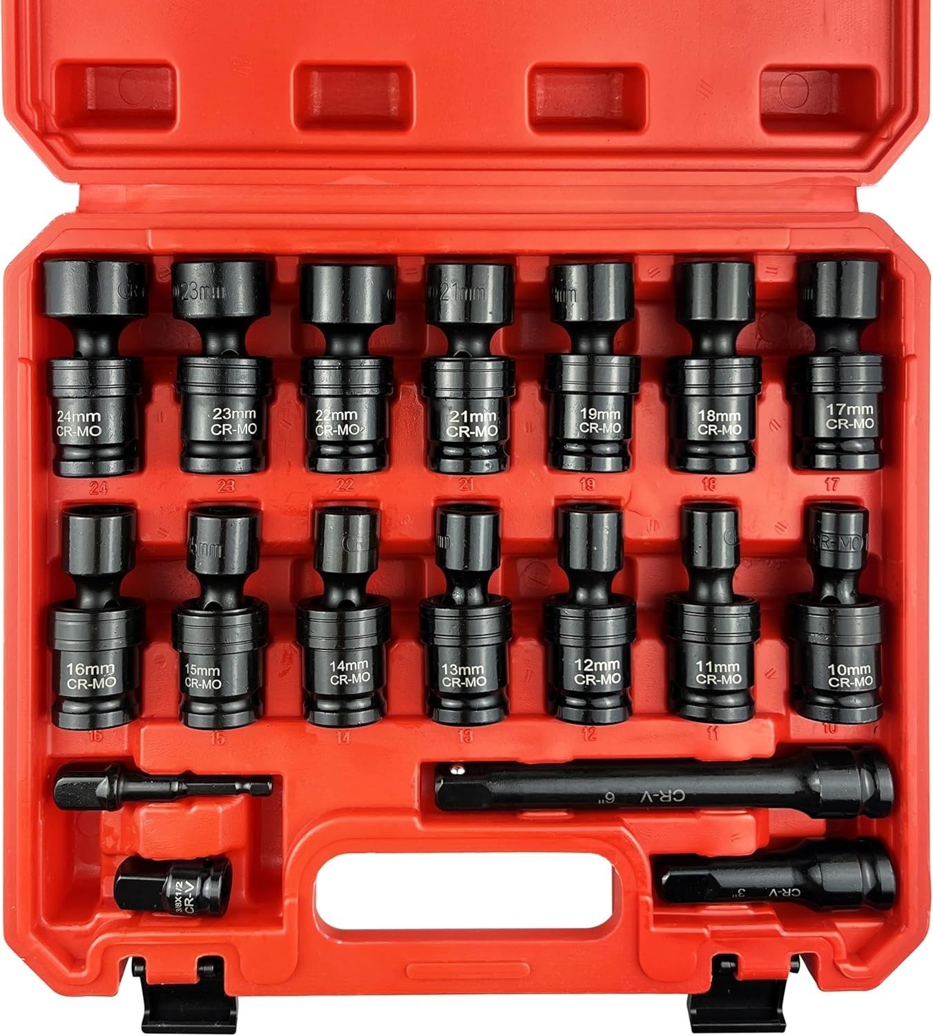 18 Pcs 1/2″ Drive Impact Swivel Socket Set Metric 6 Point Wobble 10-24mm CR-MO