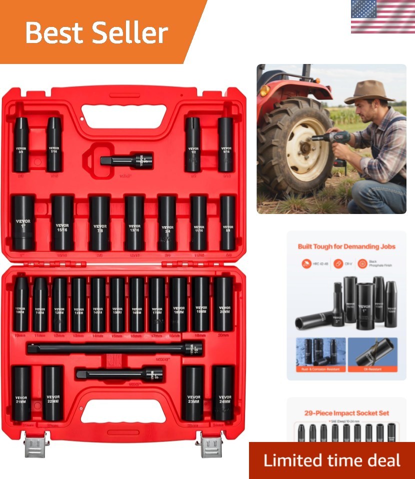 1/2″ Drive Impact Socket Set, 29-Piece Deep Sockets Standard SAE 3/8 to 1 inc…