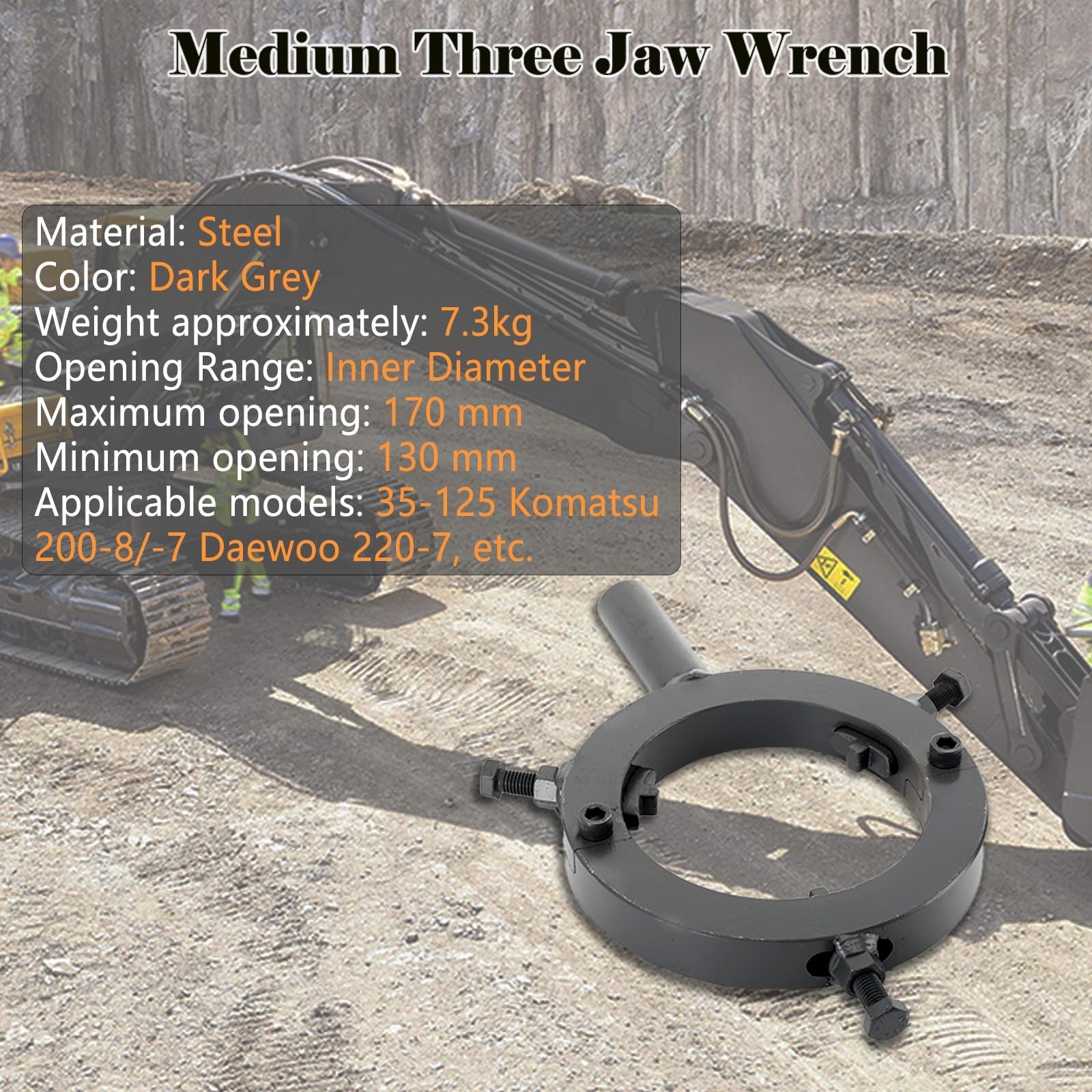 Adjustable 3-Jaw Hydraulic Cylinder Wrench 130-170mm, Heavy Duty Tool for Excava