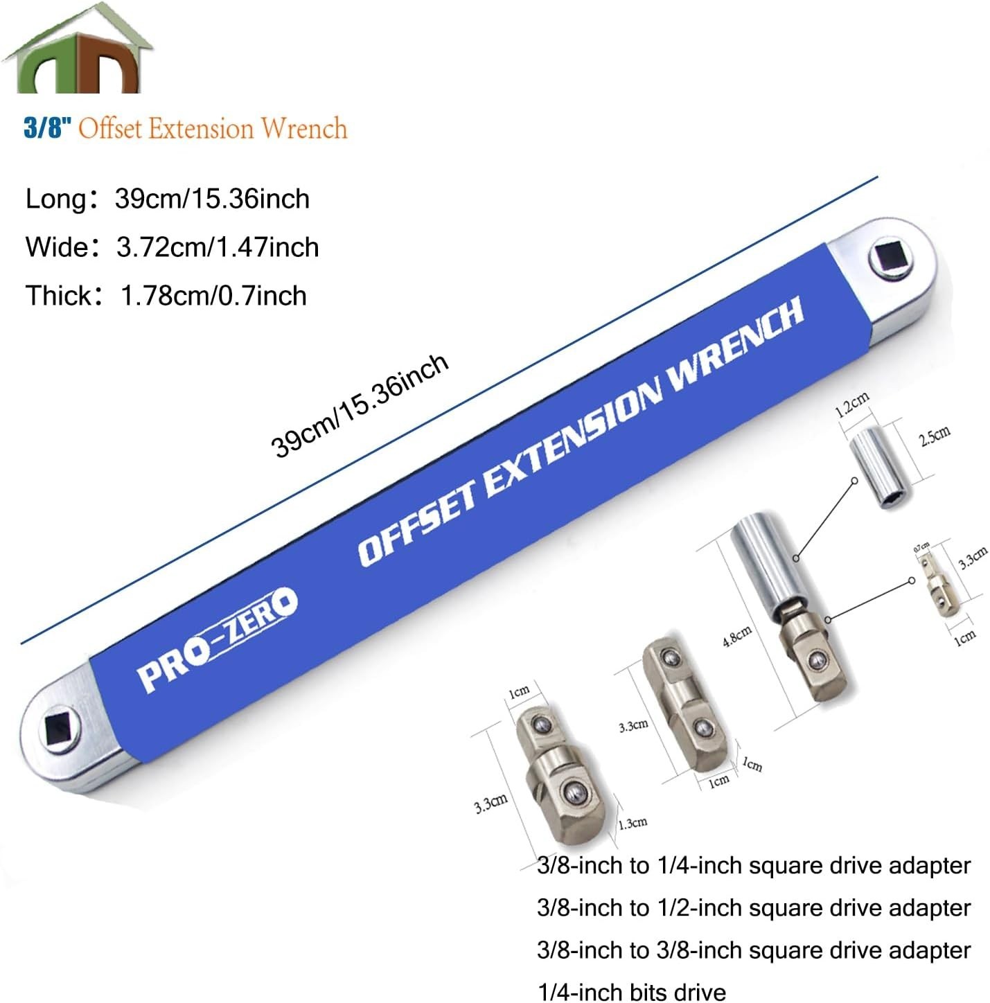 Versatile 15.4″ Offset Extension Wrench with 1/4″ & 3/8″ Drive Adapters – Blue