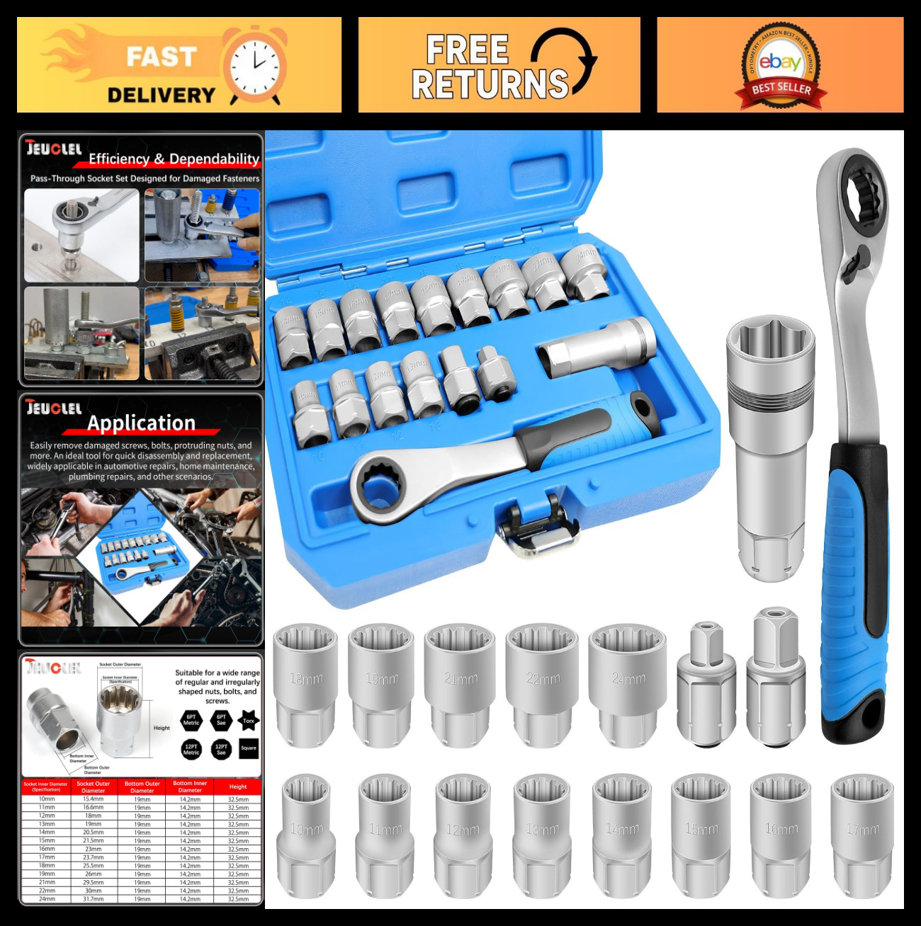 17PCS Metric Pass Through Socket Set – Chrome Vanadium, Deep Wrench Adaptor, Low
