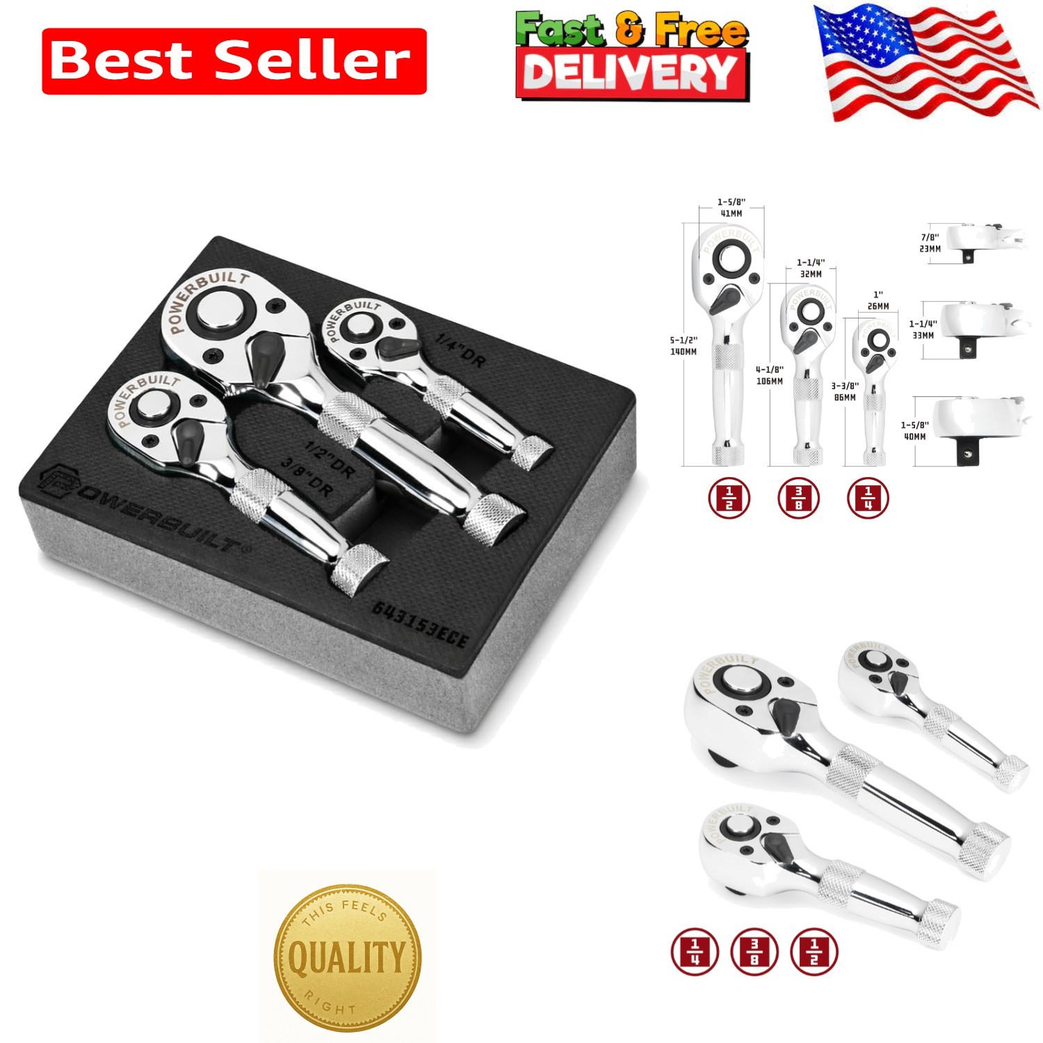 Compact 3-Piece Ratchet Set with Quick-Release & 90 Tooth for Tight Spaces
