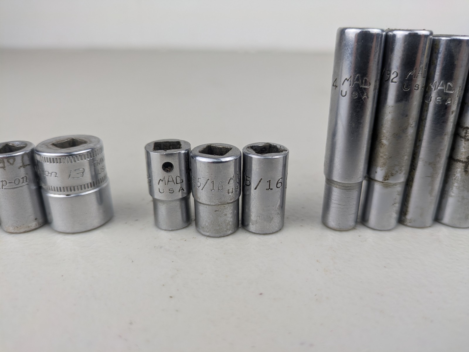 Assortment of 14 Snap On And Mac Sockets 1/4″ Drive 12 point 6 Point Used
