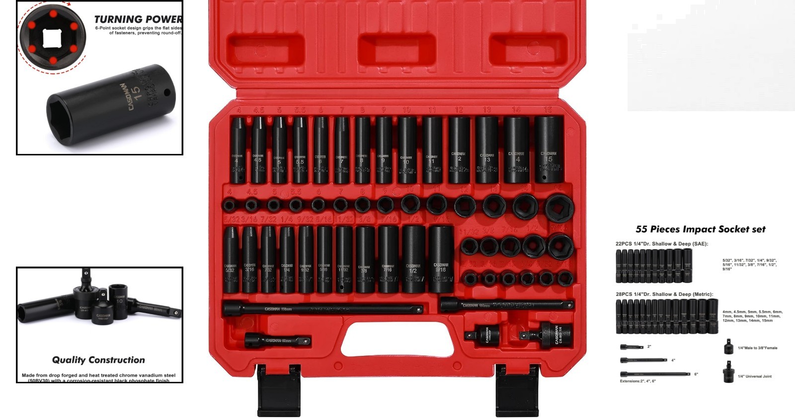 Professional 55PC 1/4-Inch Chrome Vanadium Impact Socket Set for Versatile Tasks