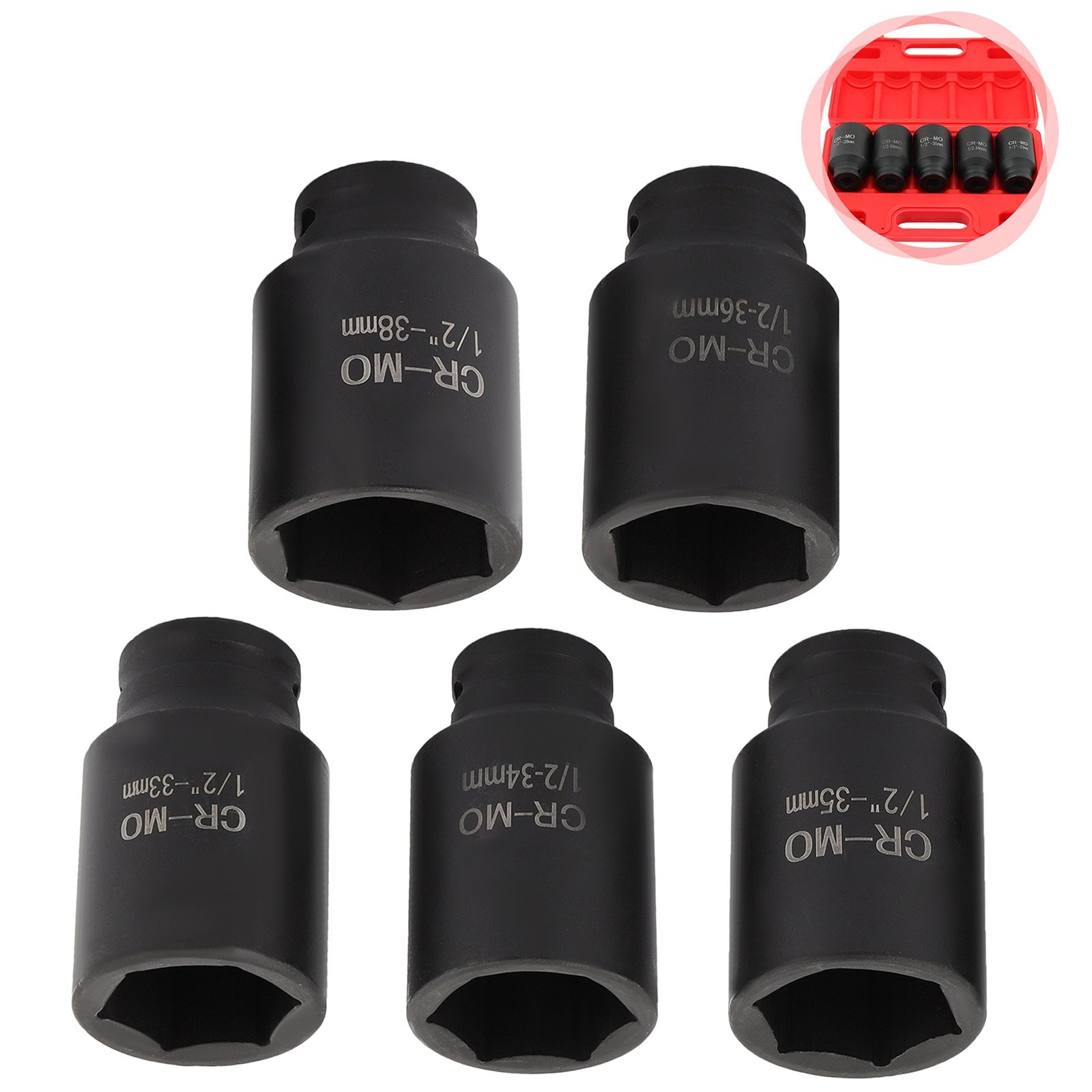 1/2″ Drive 5pc 6 Point Deep Axle Nut Socket Set for Wheel Hub Nuts 33-38mm