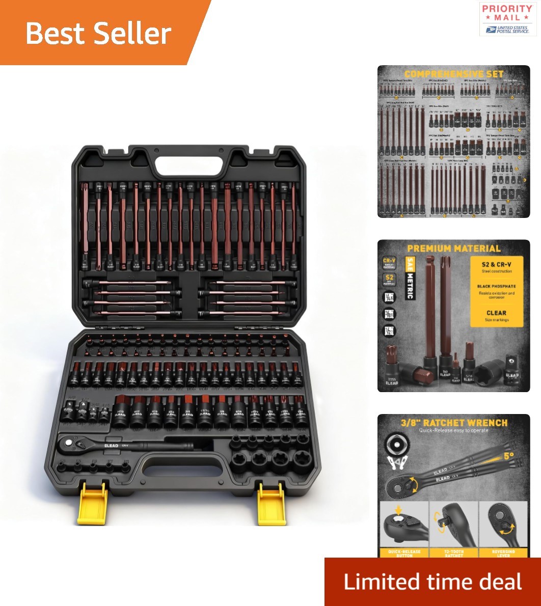 S2 Steel 112 Piece Torx and Hex Bit Socket Set for Automotive and Industrial Use