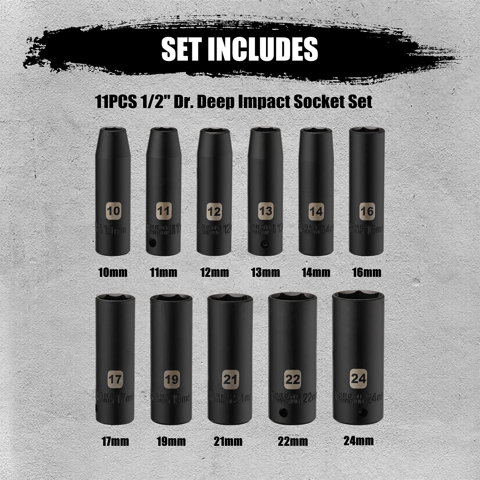 11 Pieces 1/2-Inch Drive Deep Metric Impact Socket Set, 6-Point, 10mm – 24mm
