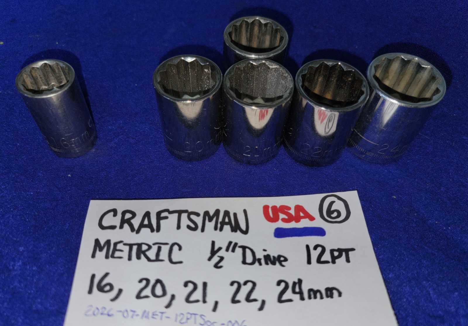 CRAFTSMAN 1/2″ Drive 12PT Socket LOT 16mm, 20mm, 21mm, 22mm & 24mm Made in USA