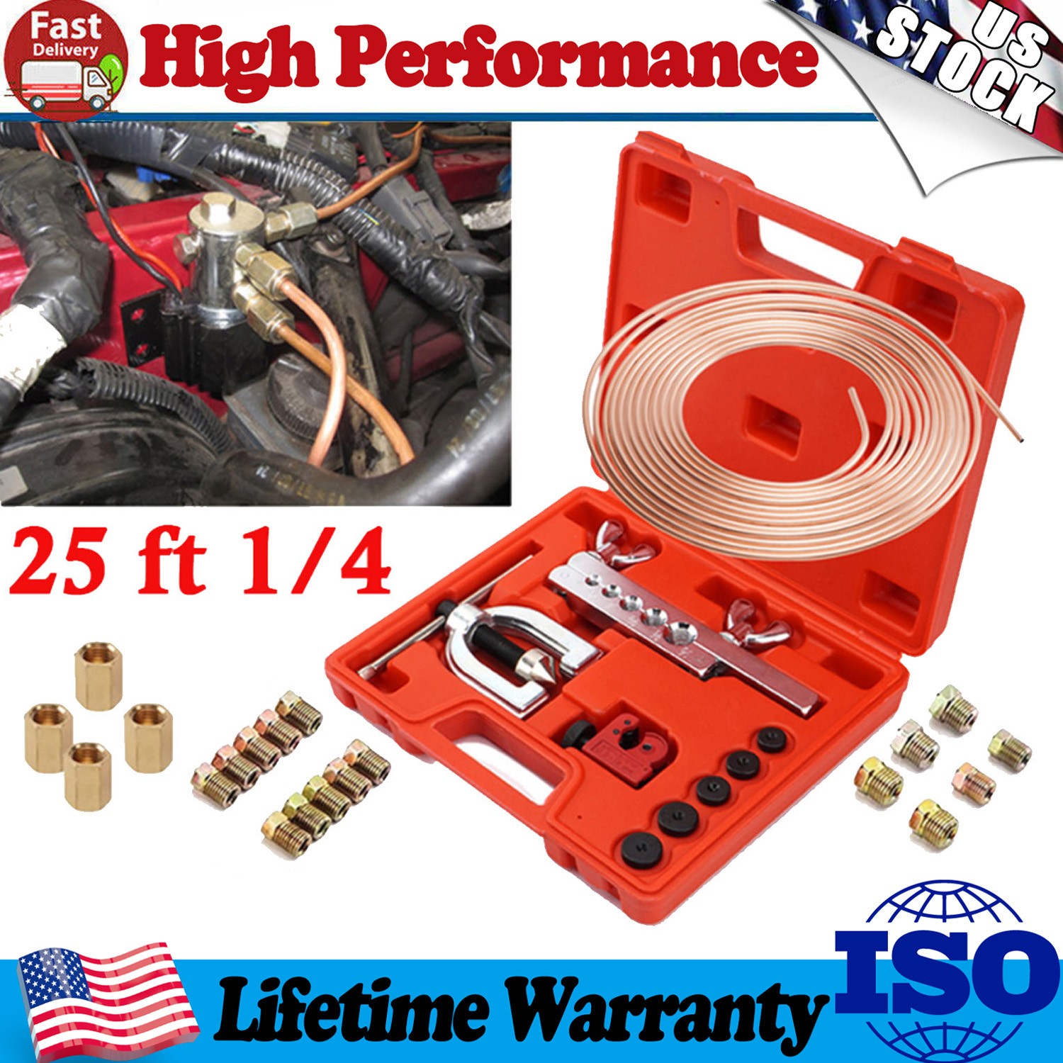 Racewill 25 ft 1/4 Copper Coated Brake Line Kit Includes 16 Fittings & 4 Unions