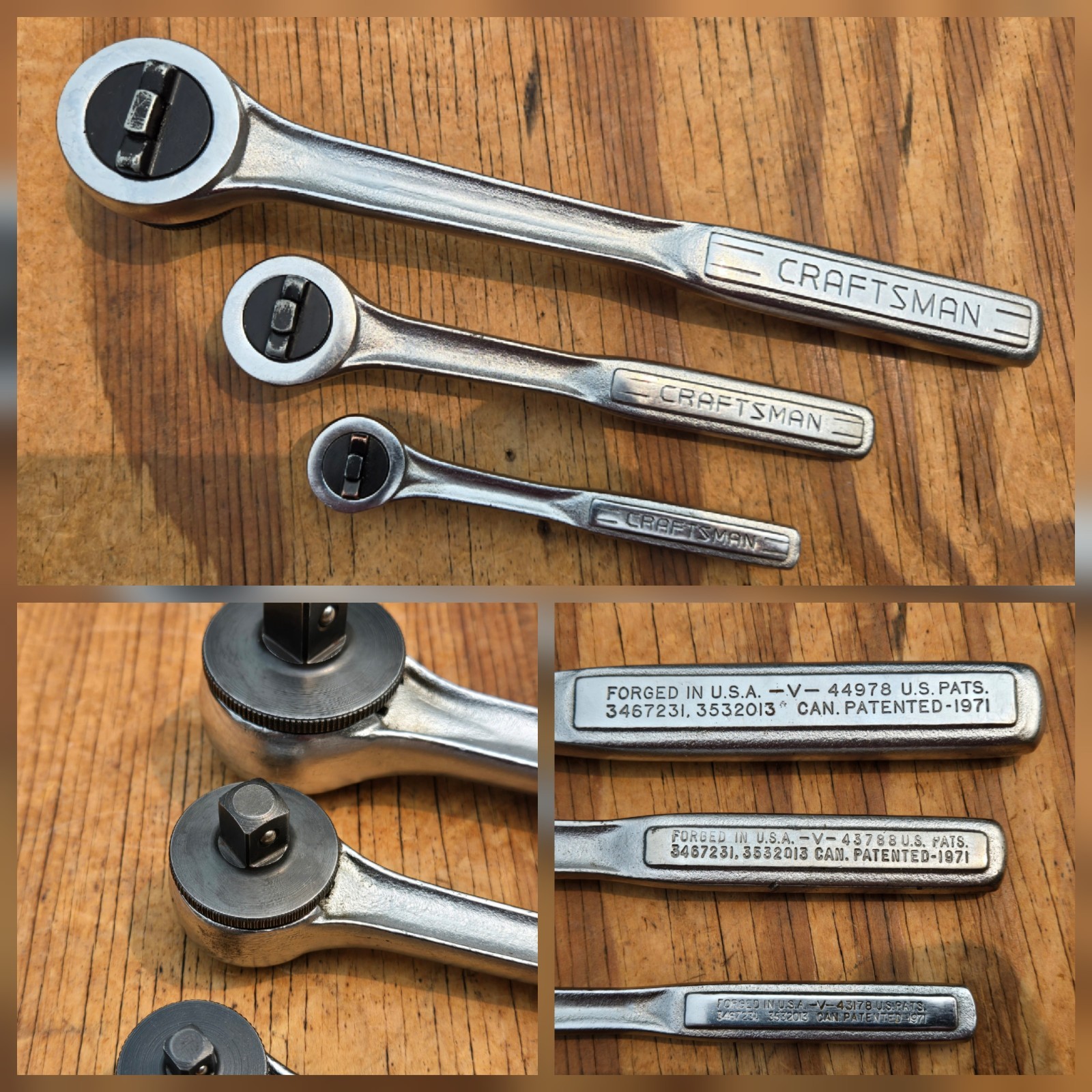 Vntg Craftsman RHFT Ratchet -V- Set 1/4 3/8 1/2 Dr. 43178 43788 44978 USA Pats.