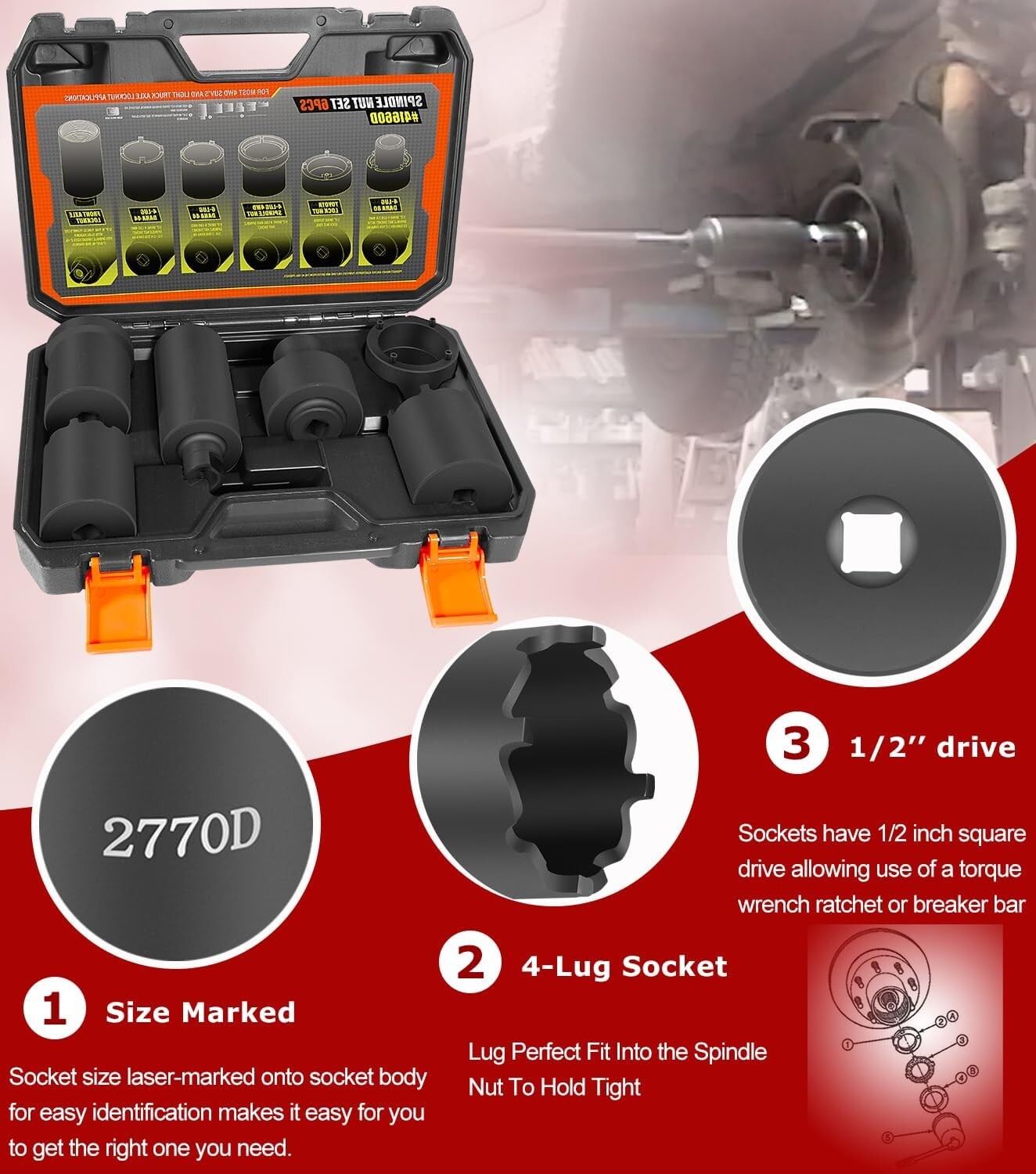 6 Pc Spindle Nut Set 41660D 4WD Spindle Nut Socket Spindle Puller 4-Lug Locknut
