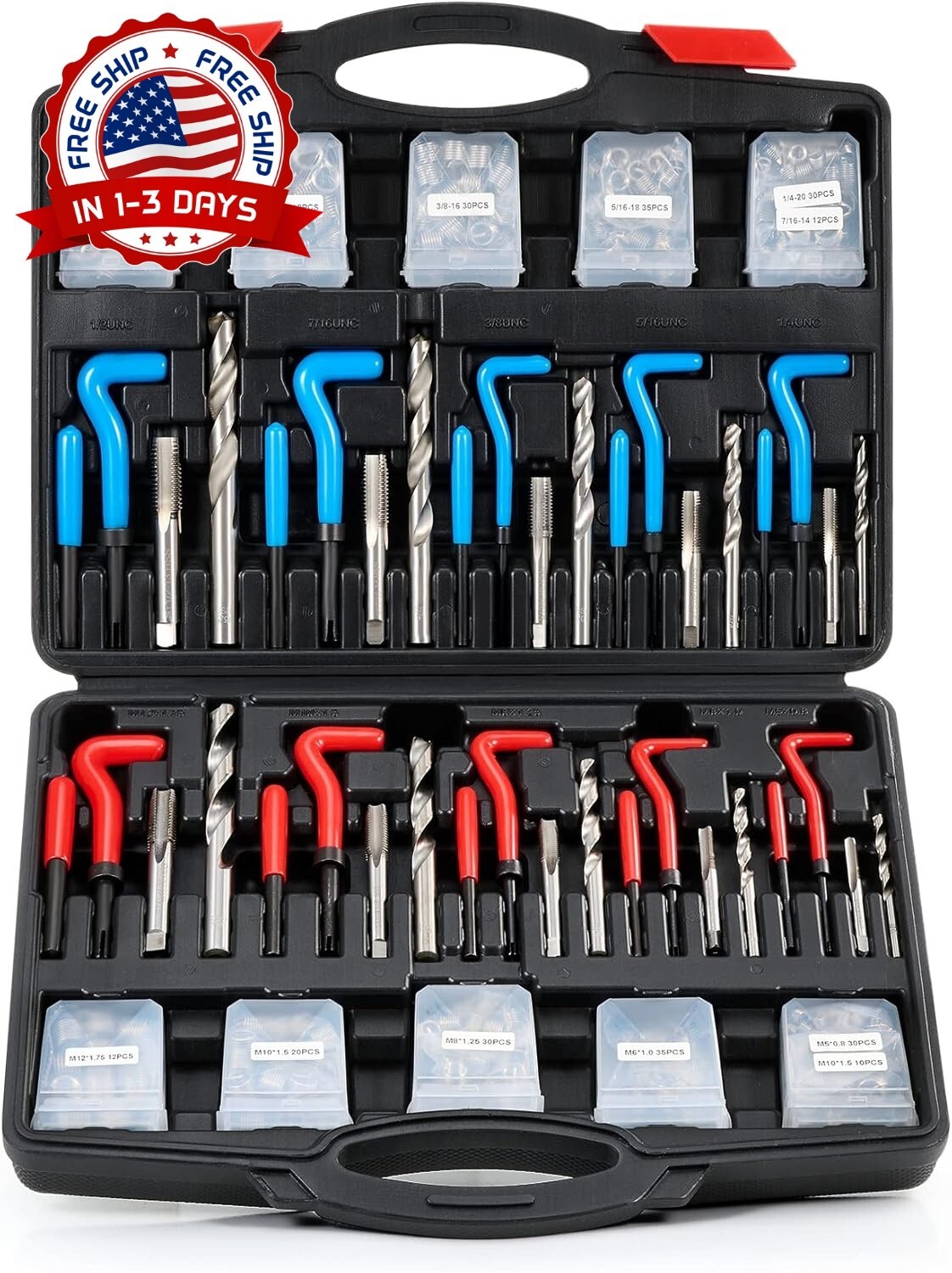 Kit de Reparación de Roscas SAE 1/4″ 5/16″ 3/8″ 7/16″ 1/2″ HSS Perforar Helicoil