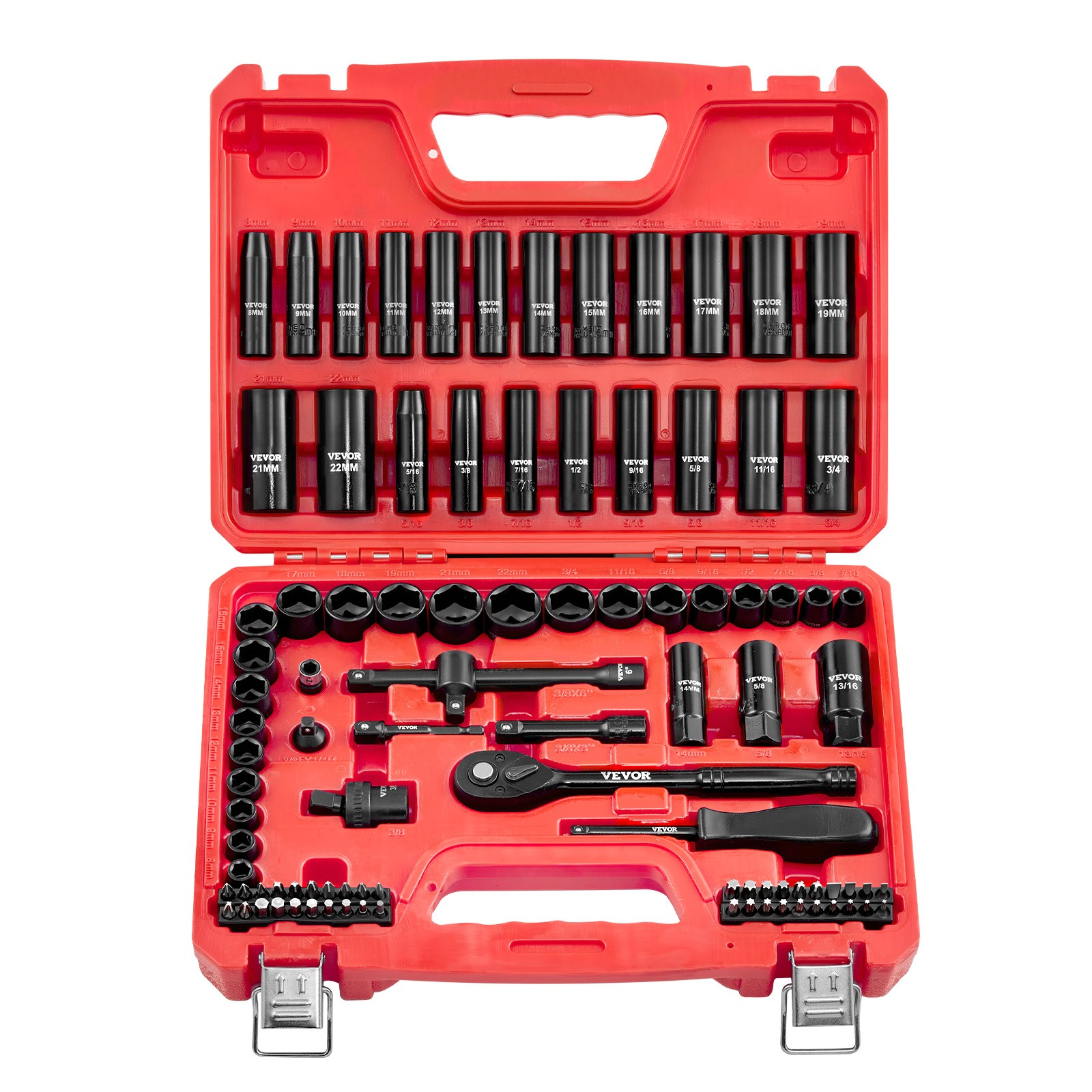VEVOR 3/8 in Drive Impact Socket Set 96 Piece SAE 5/16 to 3/4 in Metric 8-22 mm
