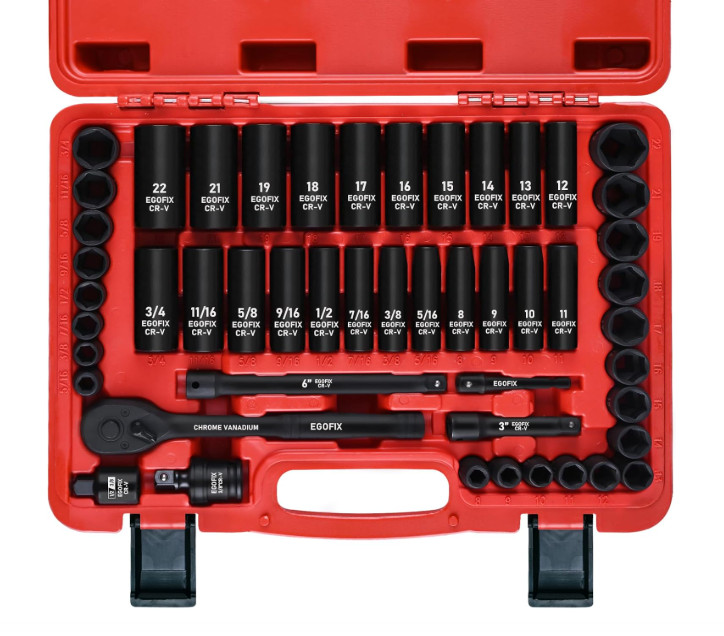 Impact Socket Set 3/8 Inch Drive 50 Pcs SAE Metric 6 Point Chrome Vanadium Tools