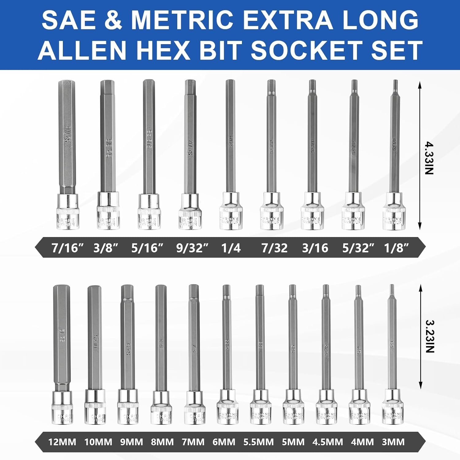 20PCS Extra Long Allen Hex Bit Socket Set 3/8″ Drive SAE Metric CR-V S2 Steel