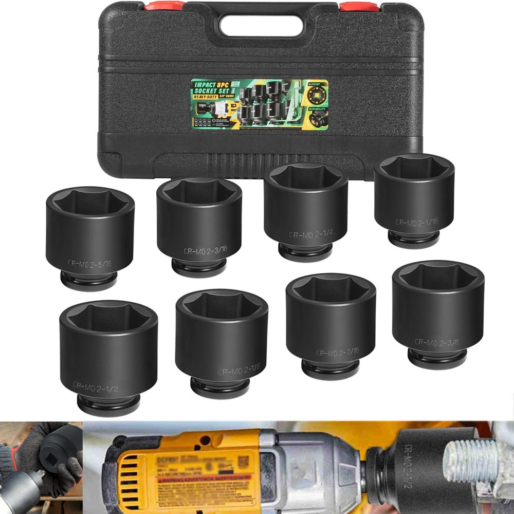 8pc 3/4Inch Drive Jumbo Deep Large Impact Socket Set 6 Point SAE 2-1/16 to 2-1/2