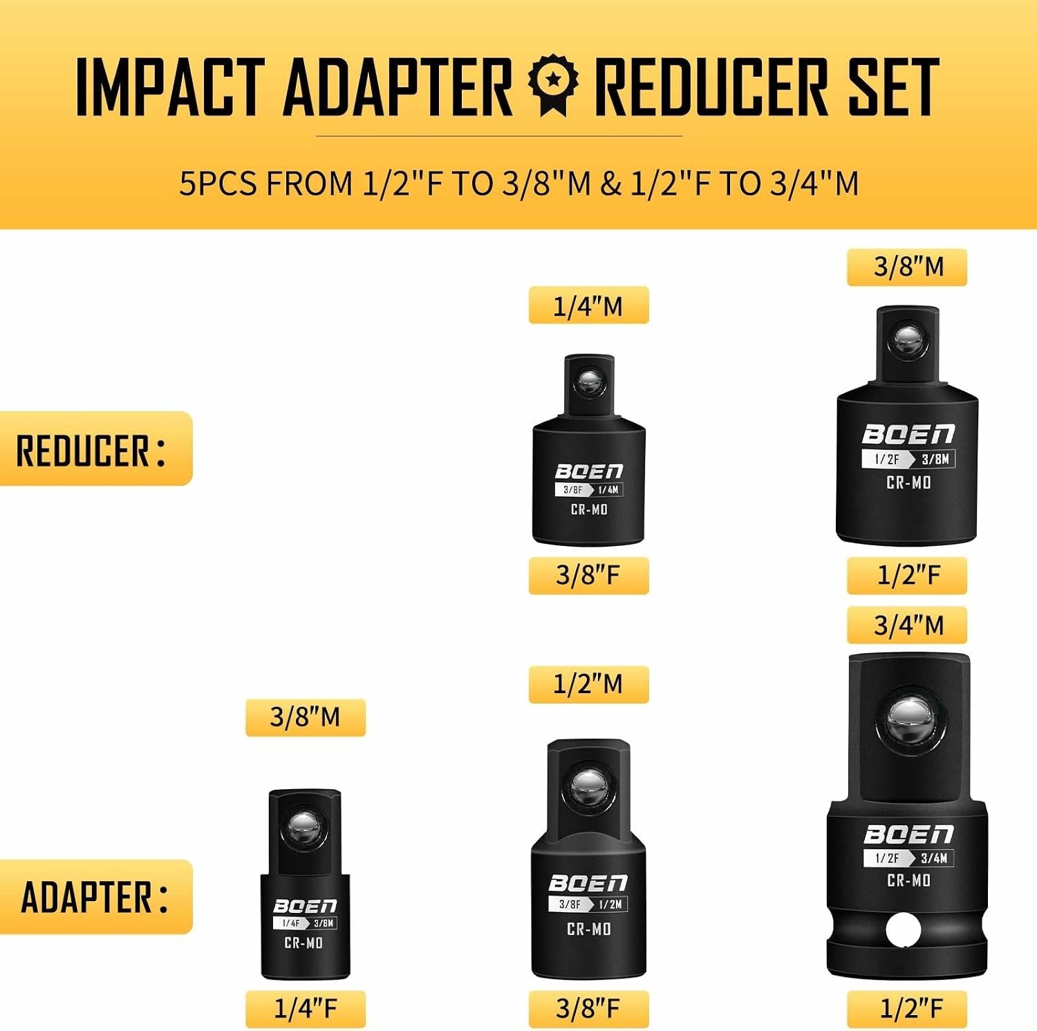 Impact Socket Adapter Reducer Set 1/4″ 3/8″ 1/2″ Drive Conversion Tool CR-MO 5PC