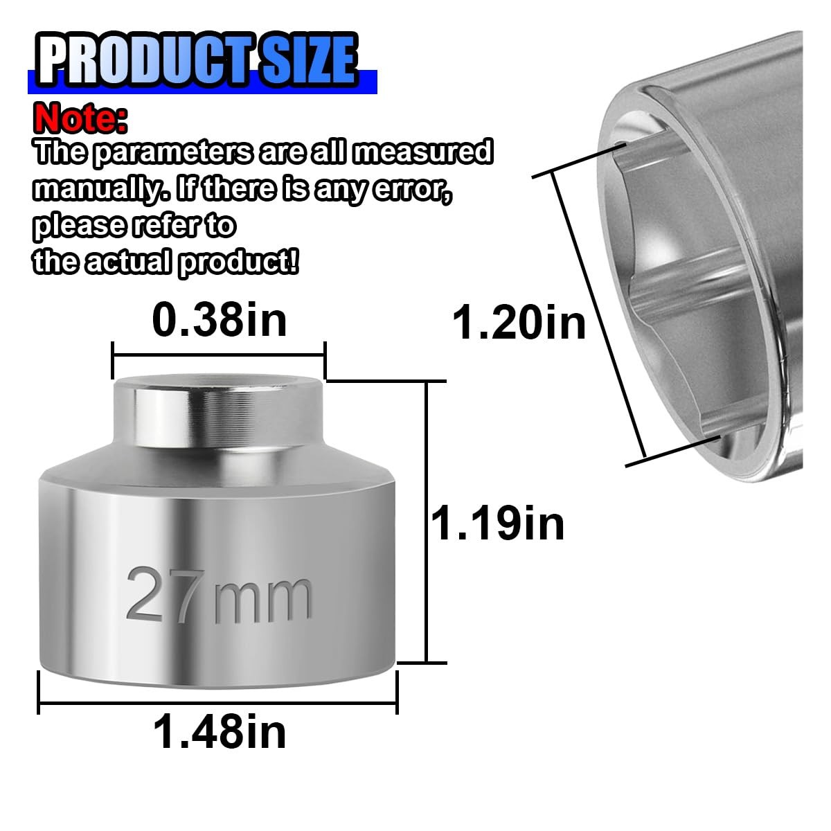 27mm Car Oil Filter Socket Wrench 3/8″ Drive Cap Removal Tool 6-Point Hex Steel