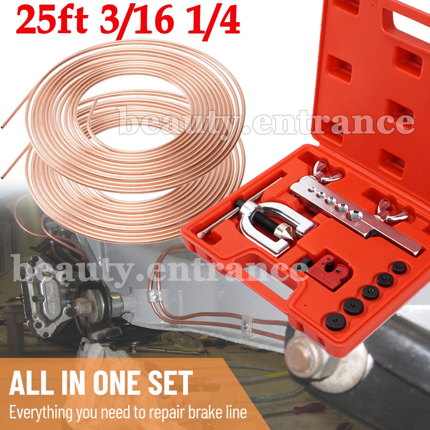 Racewill 3/16 + 1/4 25FT Copper Coated Brake Line + Double & Single Flaring Tool