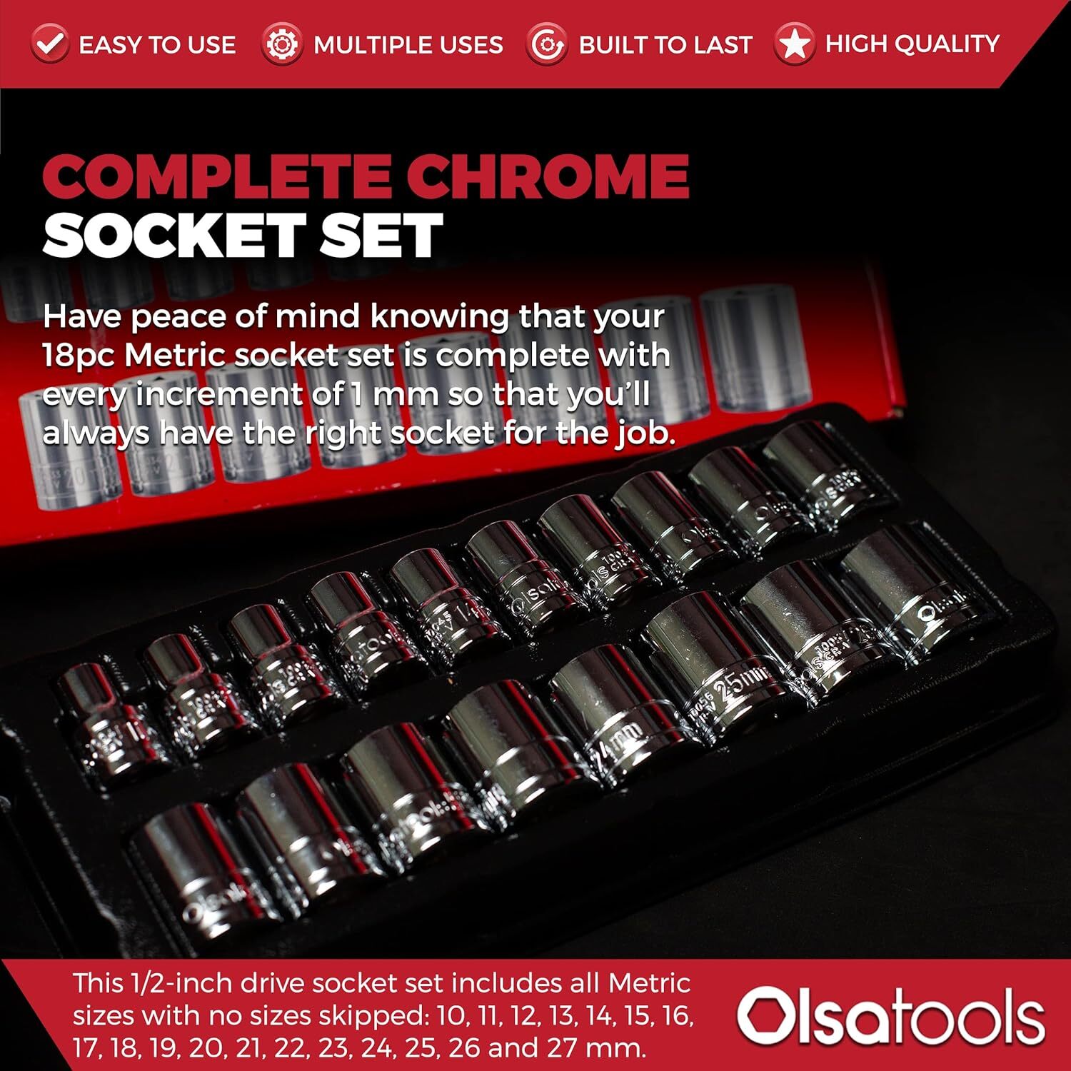 Olsa Tools Metric Socket Set (18pc) | 18pc, 1/2-Inch Drive, Shallow
