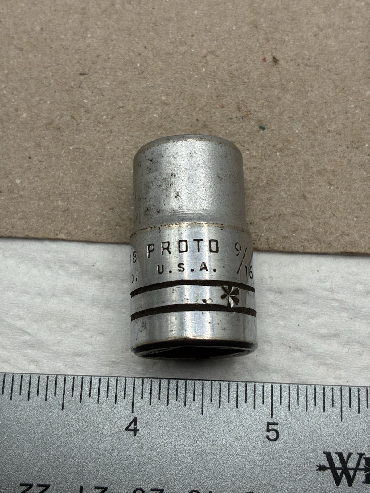 Vintage Proto Tools 9/16″, 12 point, shallow chrome socket, 1/2 dr, #5418 USA