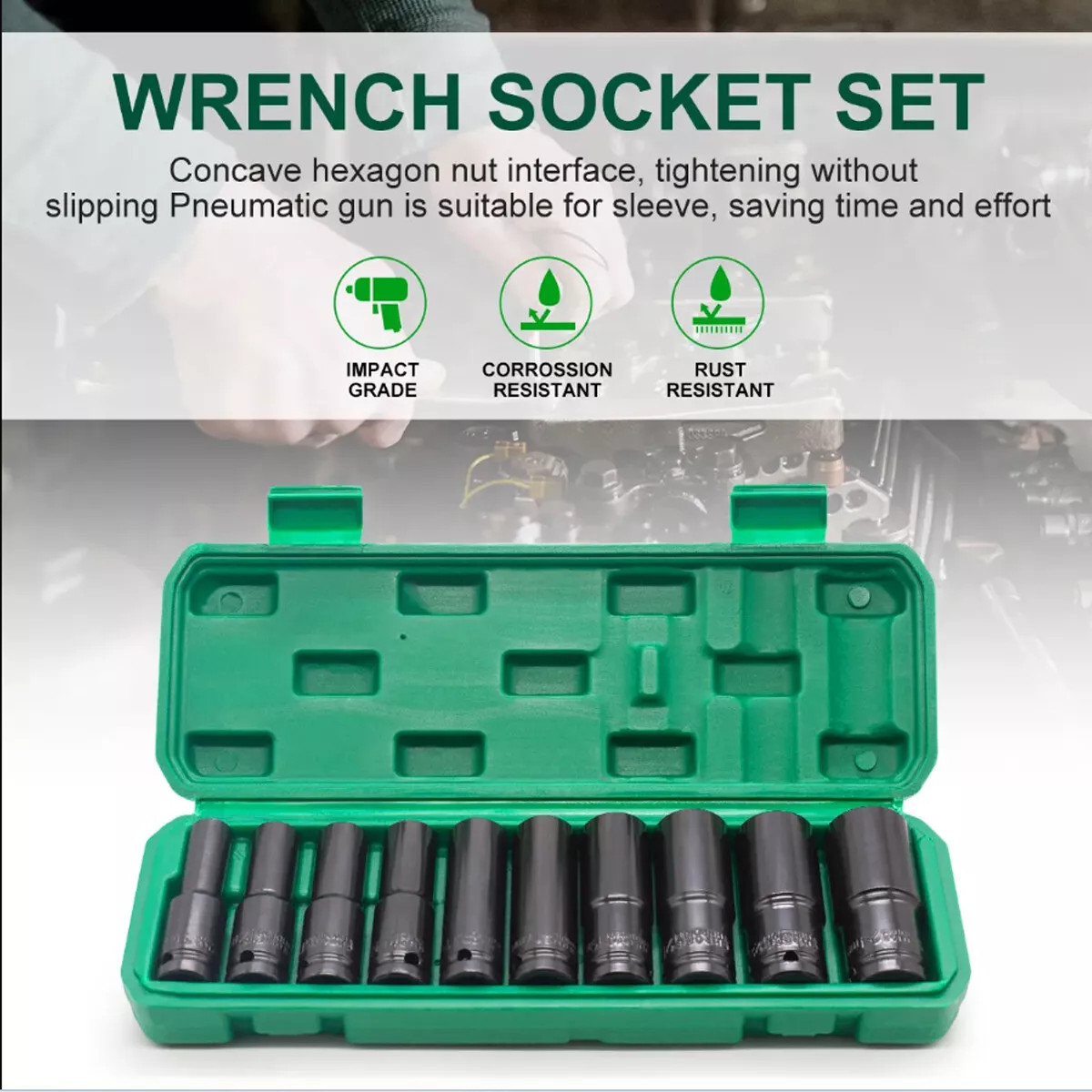 10pcs Metric Deep Impact Socket 1/2″ Drive 10mm-24mm 6 Point Sockets w/ Case Set