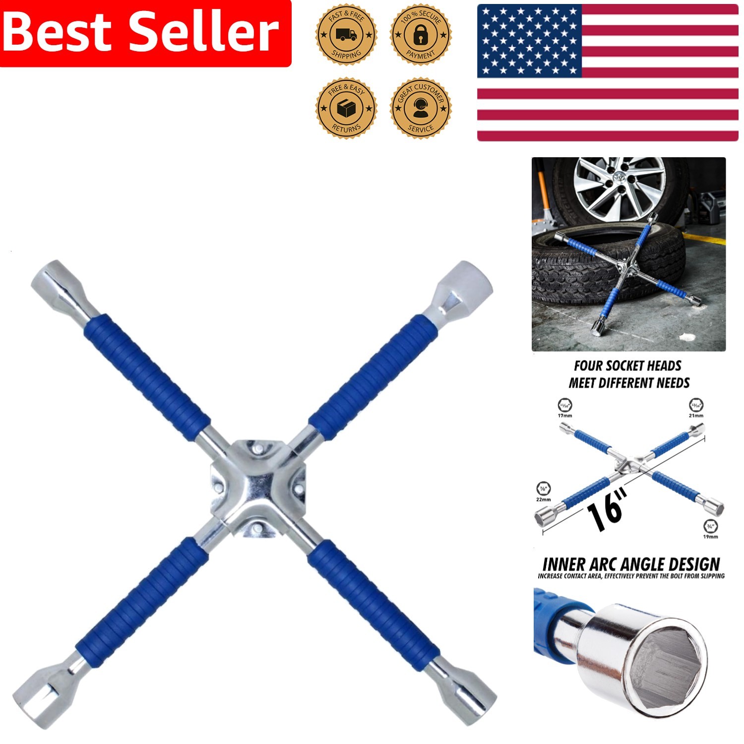 4 Way Lug Wrench 16 Inch Universal Heavy Duty Tire Iron Non Slip Carbon Steel