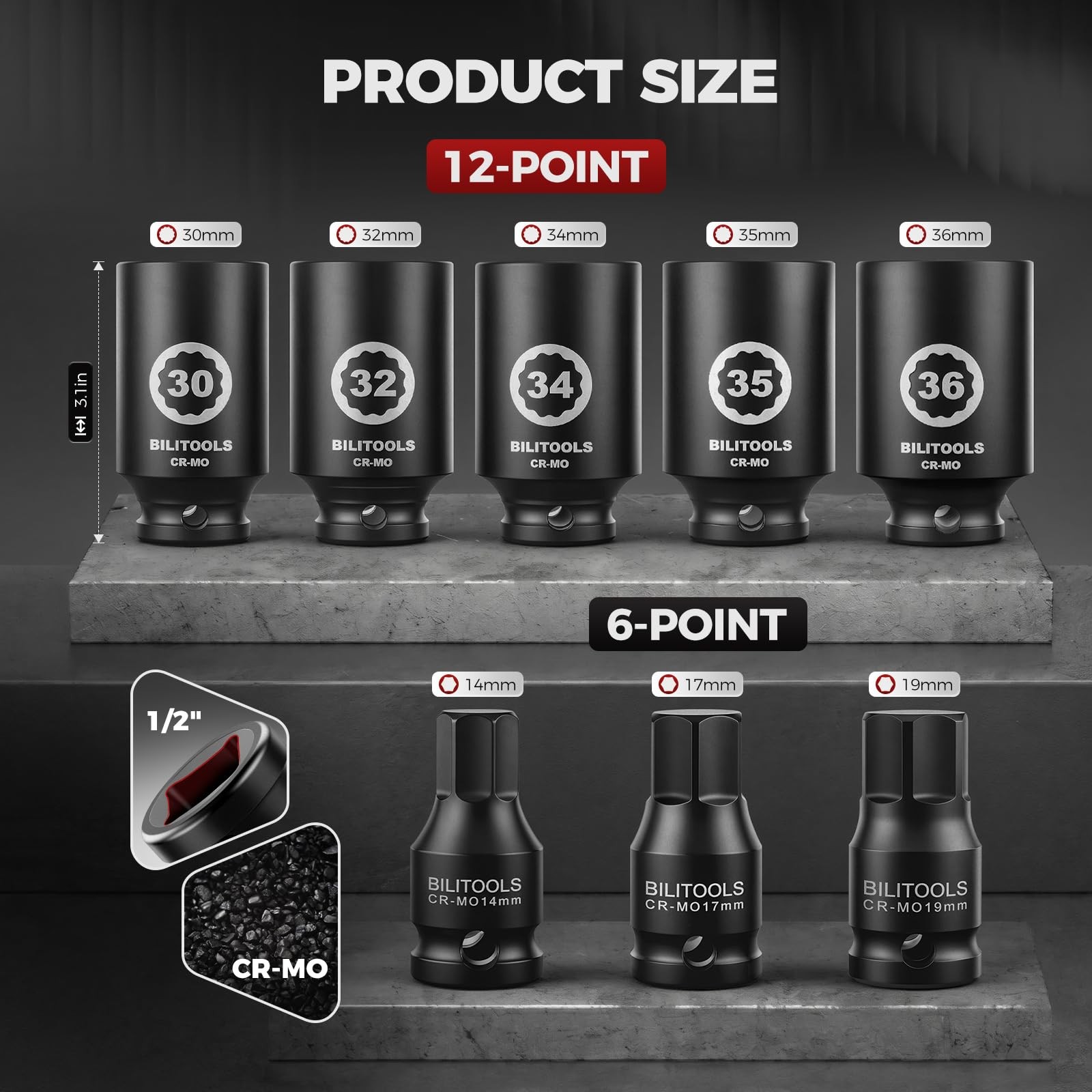 BILITOOLS 12 Point Axle Nut Socket Set, 1/2″ Drive Spindle One Size