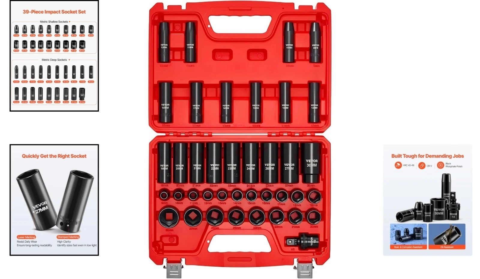 Durable 39-Piece Impact Socket Set – 1/2″ Drive, 9-30mm Sizes, Heavy Duty Case