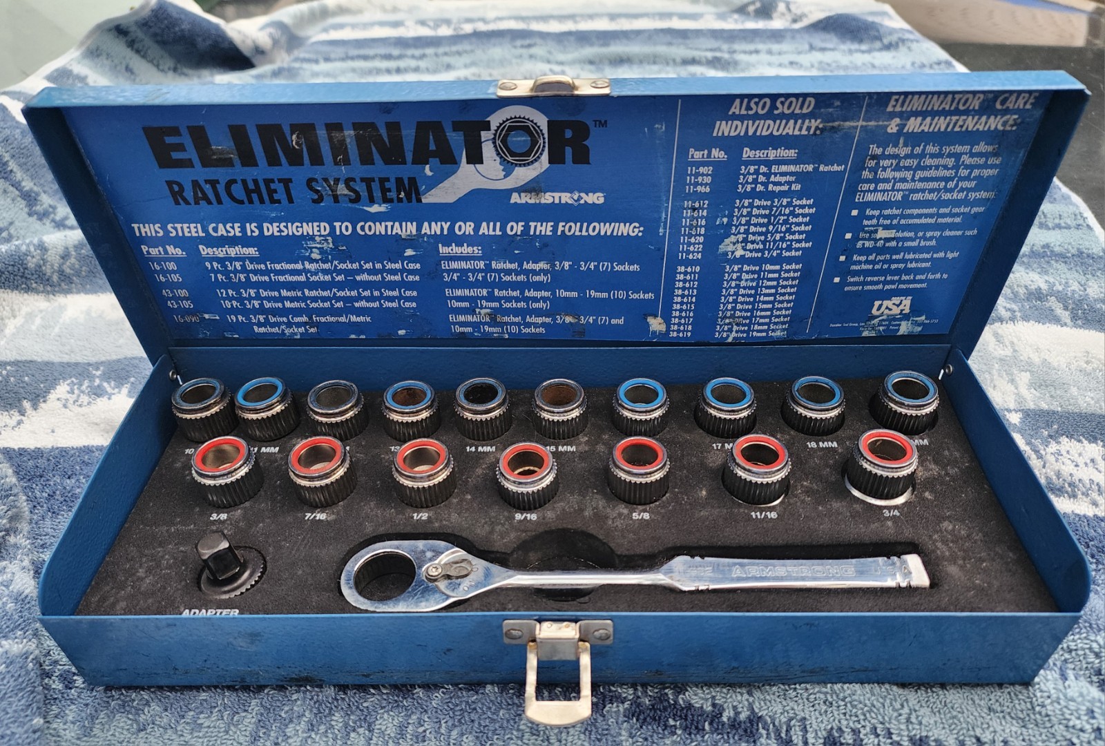 Armstrong 19 Piece Eliminator Ratchet System 3/8” Drive SAE Kit # 11-902 EUC USA