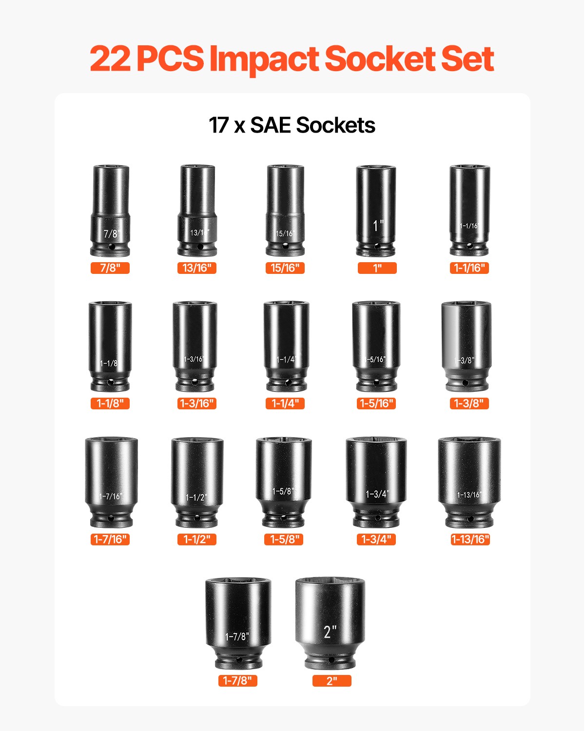22Pc Impact Socket Set 3/4″ Drive Deep SAE Cr-Mo Extension Bar Sliding T-Bar