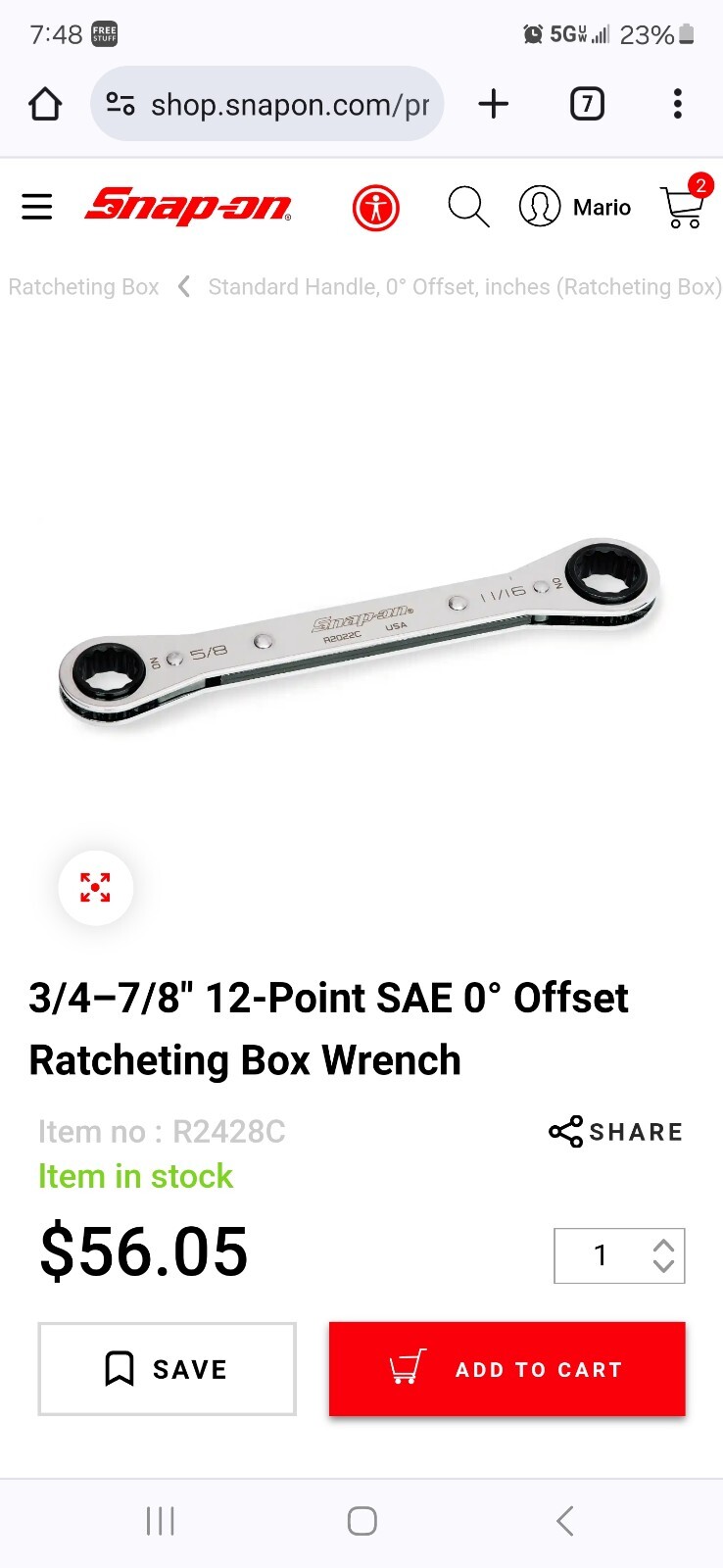 Snap On 3/4–7/8″ 12-Point SAE 0° Offset Ratcheting Box Wrench