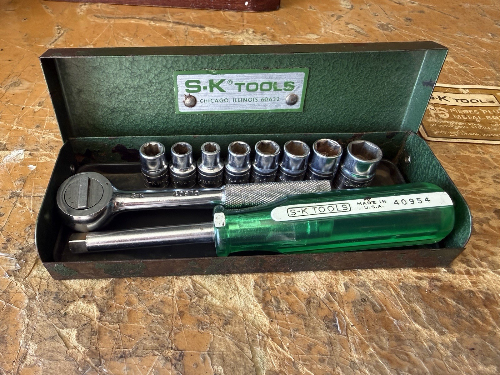 S-K Tools No. 4915 1/4” Drive Socket Set All S-K USA Green Spinner Handle