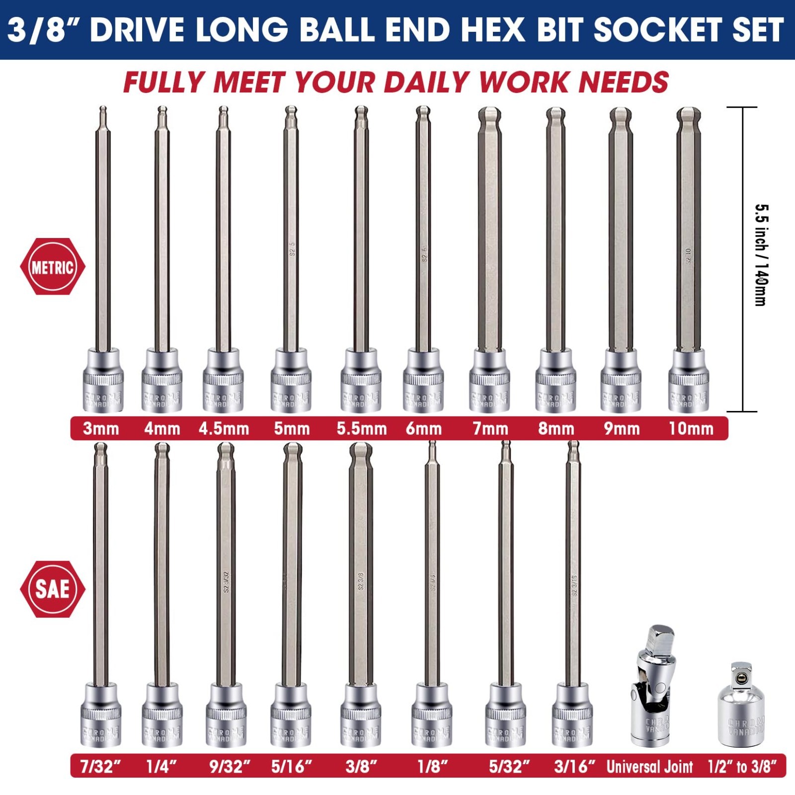 20-Piece Long Ball End Hex Bit Socket Set, Extra Long Allen Sockets, SAE & Metri
