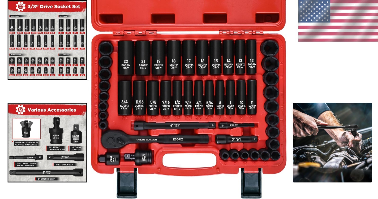 Durable 3/8″ Drive Socket Set – 50 Piece Impact Tools with Ratchet & Extensions