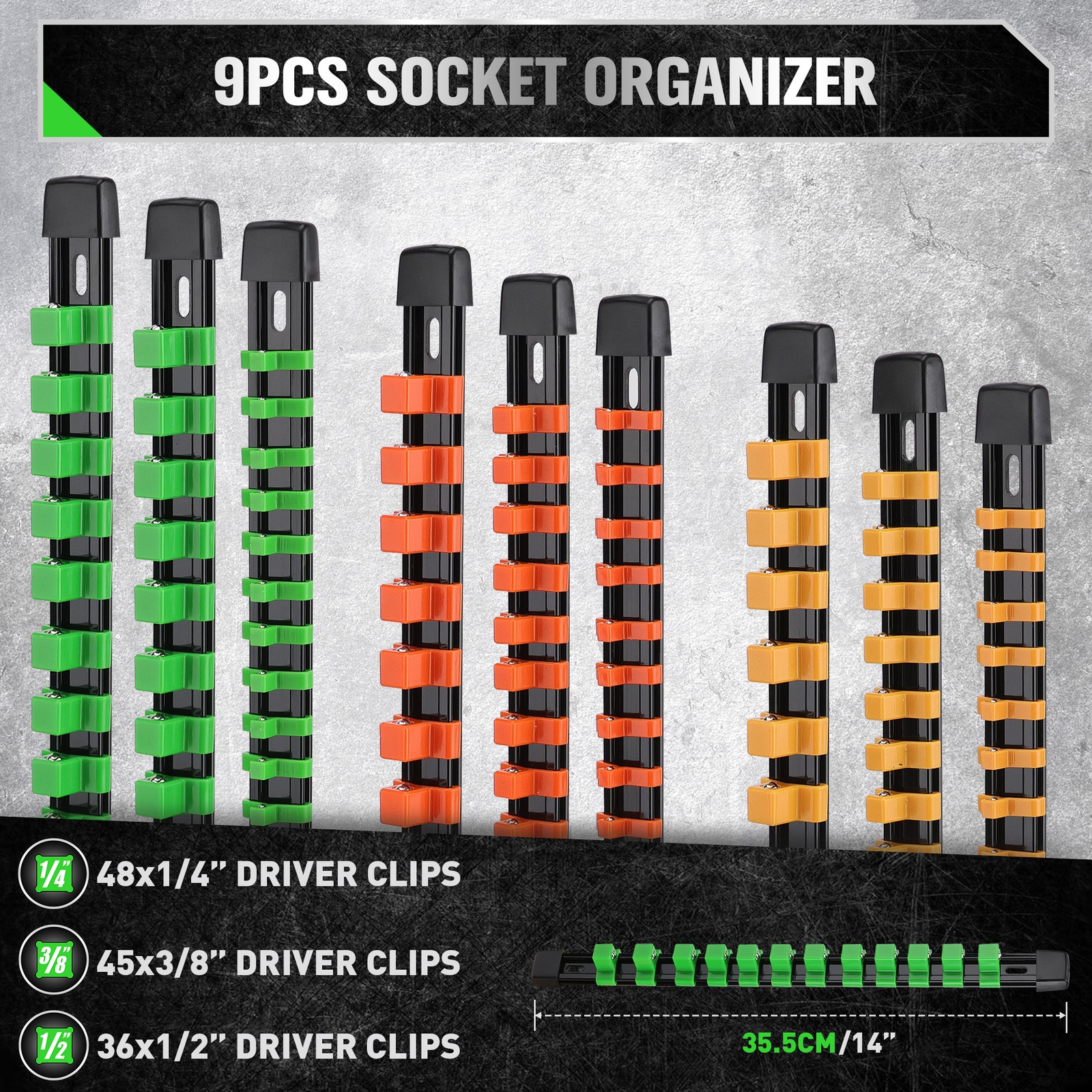 9 Pcs Socket Organizer Holders ABS | 1/4″ 3/8″ 1/2″ 360° Swivel Premium Quality