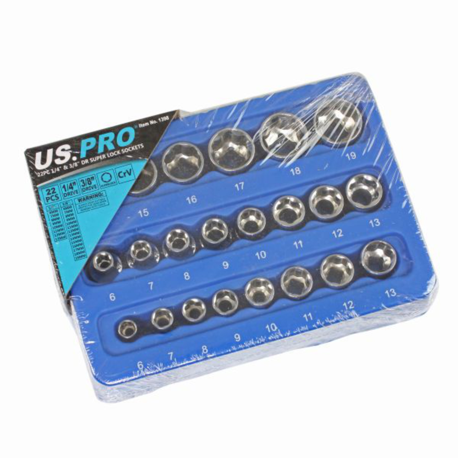 US PRO Tools Super-Lock Shallow Socket Set 22pc 1/4″ 6-13mm & 3/8″ 6-19mm 1398