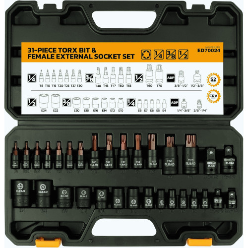 31PC Torx Bit Socket Set T8-T70 & E-Torx E4-E24 S2 Alloy Steel Star Premium CR-V