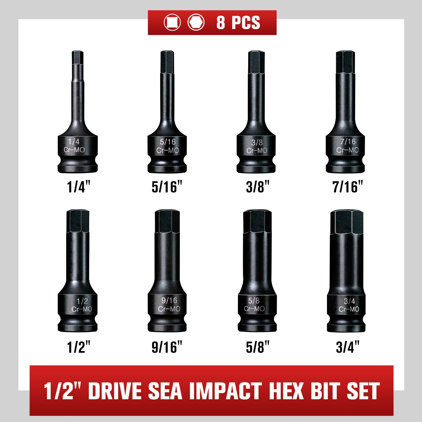 8 PCS 1/2 » Drive SAE Hex Impact Socket Set, 1/4″ to 3/4″, Master Impact,Cr-Mo