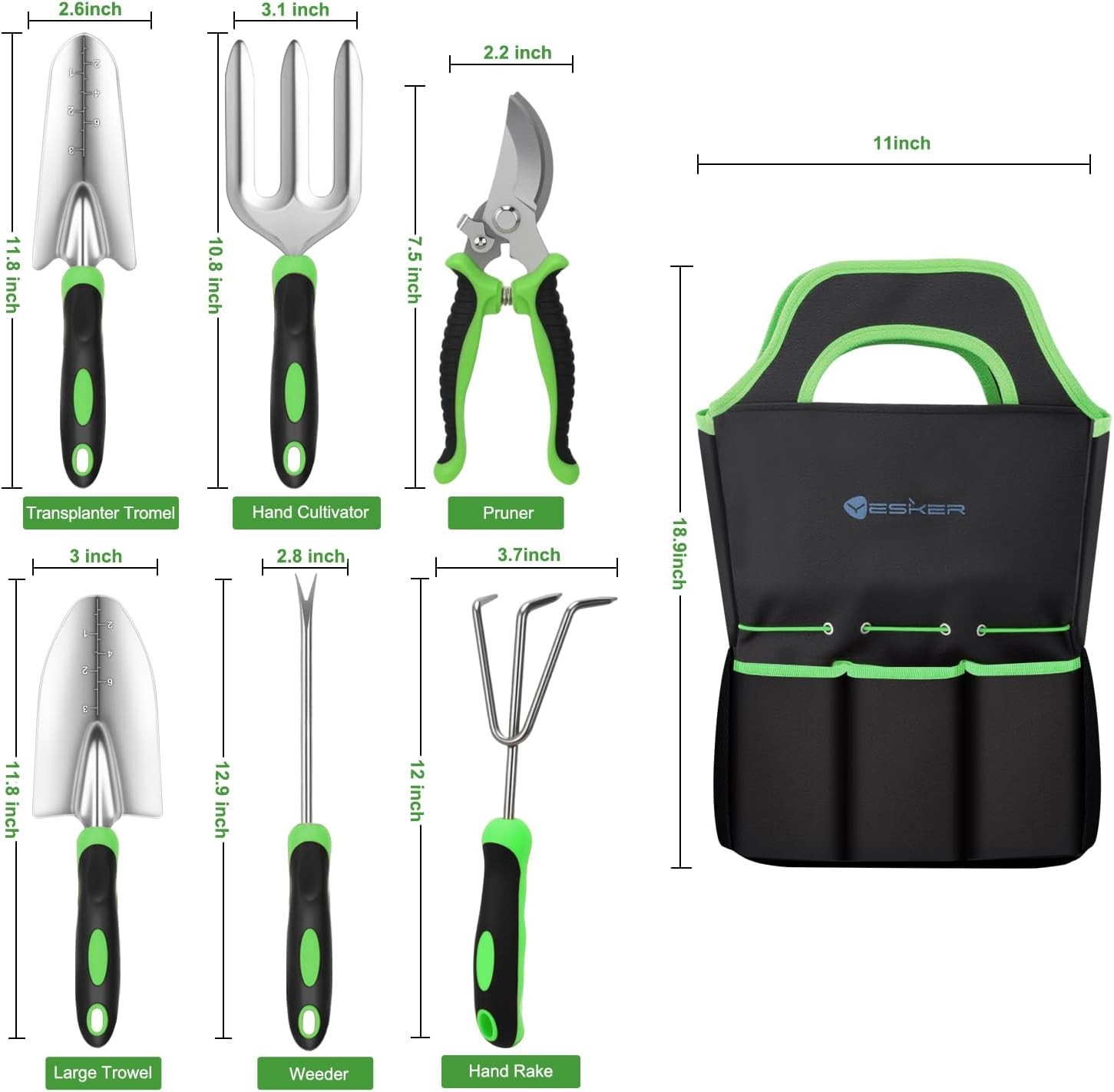 7-Piece Gardening Tools Heavy Duty Garden Tool Set Hand Tool Kit Black Green