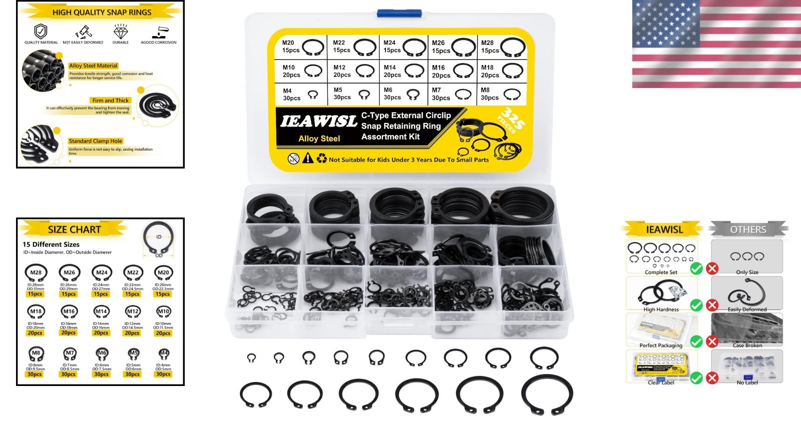 Complete 325-Piece Alloy Steel Circlip Set – 15 Sizes for Machinery and Vehicles