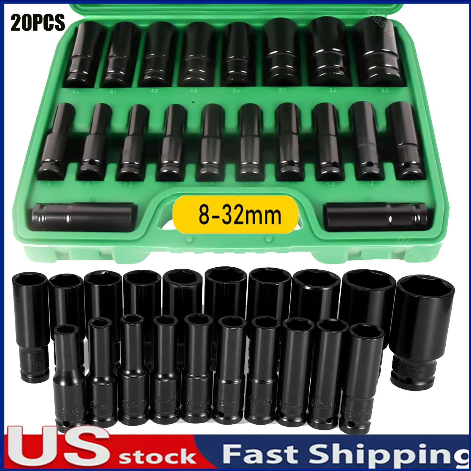 20pcs Metric Size (8-32mm) Impact Socket Sets, 6 Point Deep Sockets,CR-V Steel