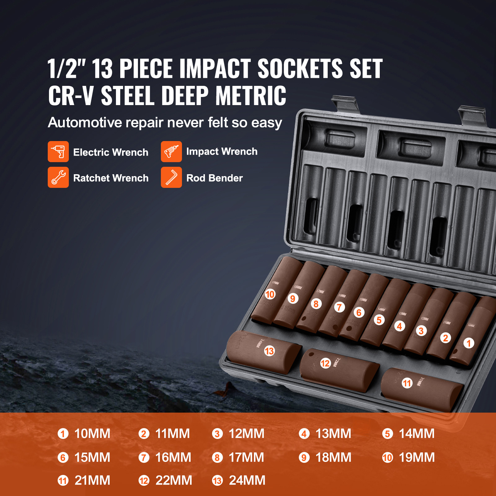 VEVOR Impact Sockets Set 13pcs Metric 6-Point 1/2in Drive Bit Ratchet Tool Kit