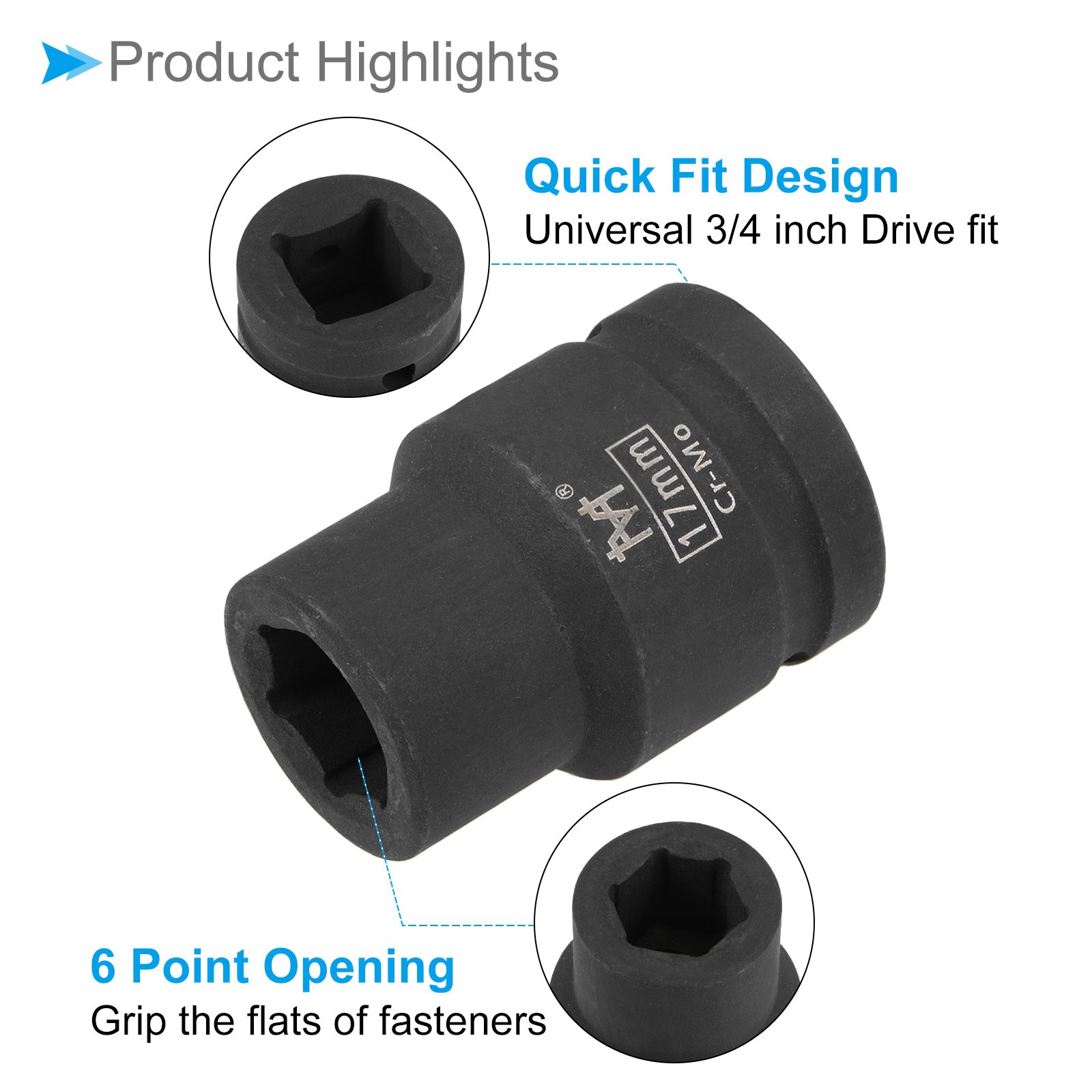 6-Point Shallow Impact Socket 3/4-Inch Drive 17mm Socket Cr-Mo Axle Nut