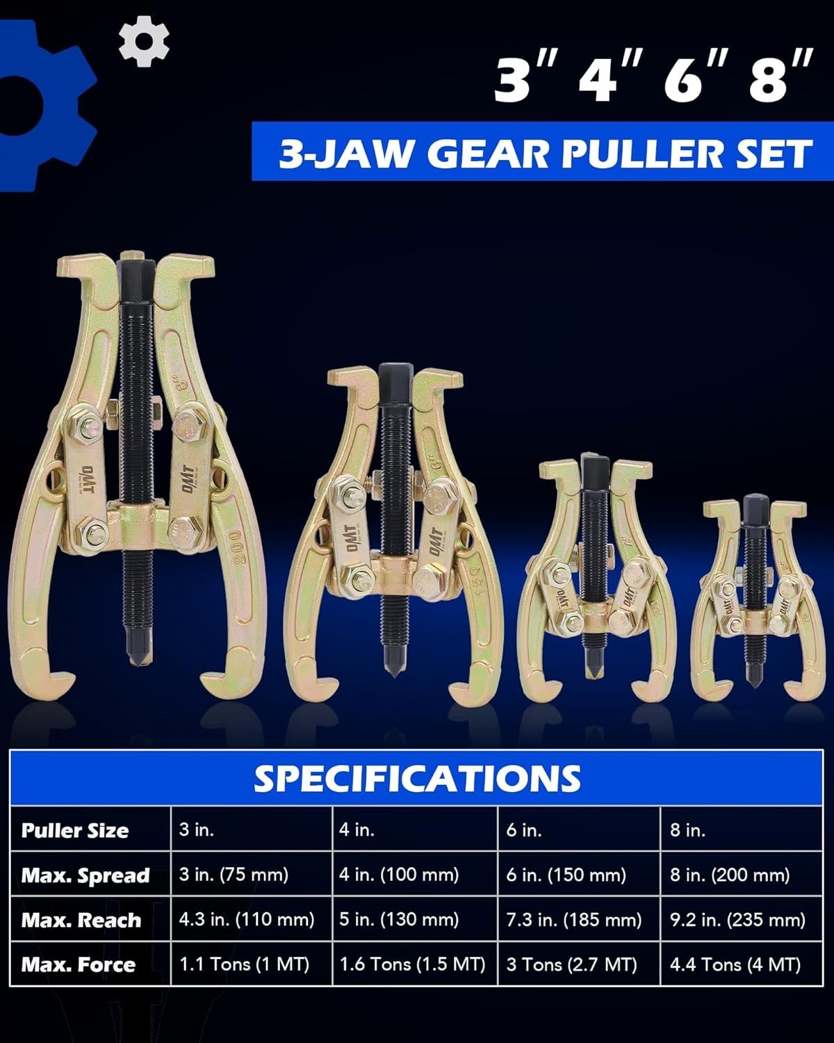 4-Piece Gear Puller Set – 3″ 4″ 6″ 8″ for Effortless Component Removal