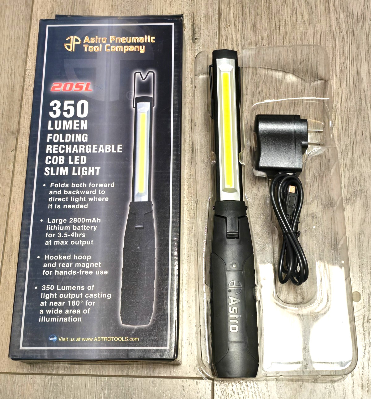 Astro Rechargeable Folding Thin Flex Head 350 Lumen LED Light w/ Charger #20SL