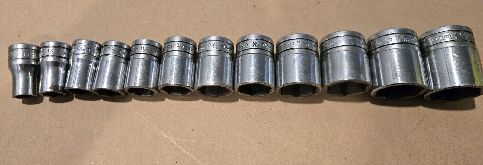 Snap On 1/2″ Drive 7/16″-1-1/8″ 6PT SAE Shallow Chrome Sockets USA Lot Of 12
