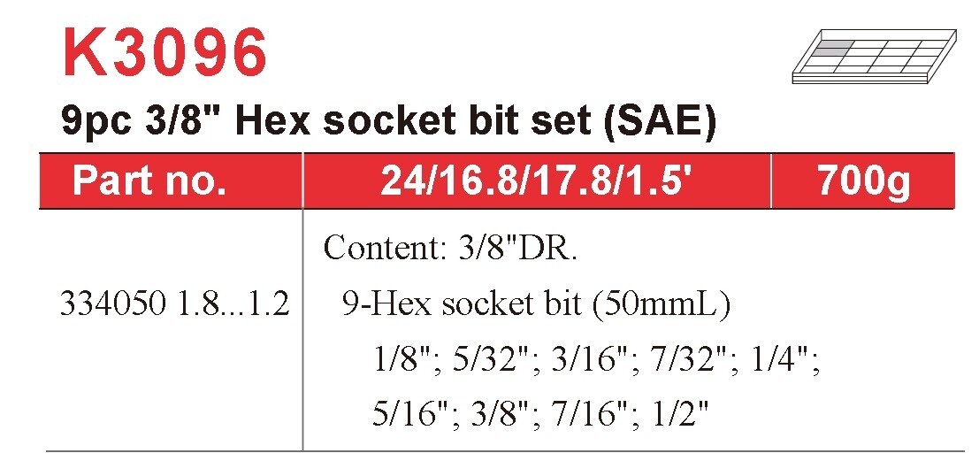 Force K3096 3/8″ Drive 9pc Imperial SAE Hex Allen Socket Bits Set 1/8″-1/2″